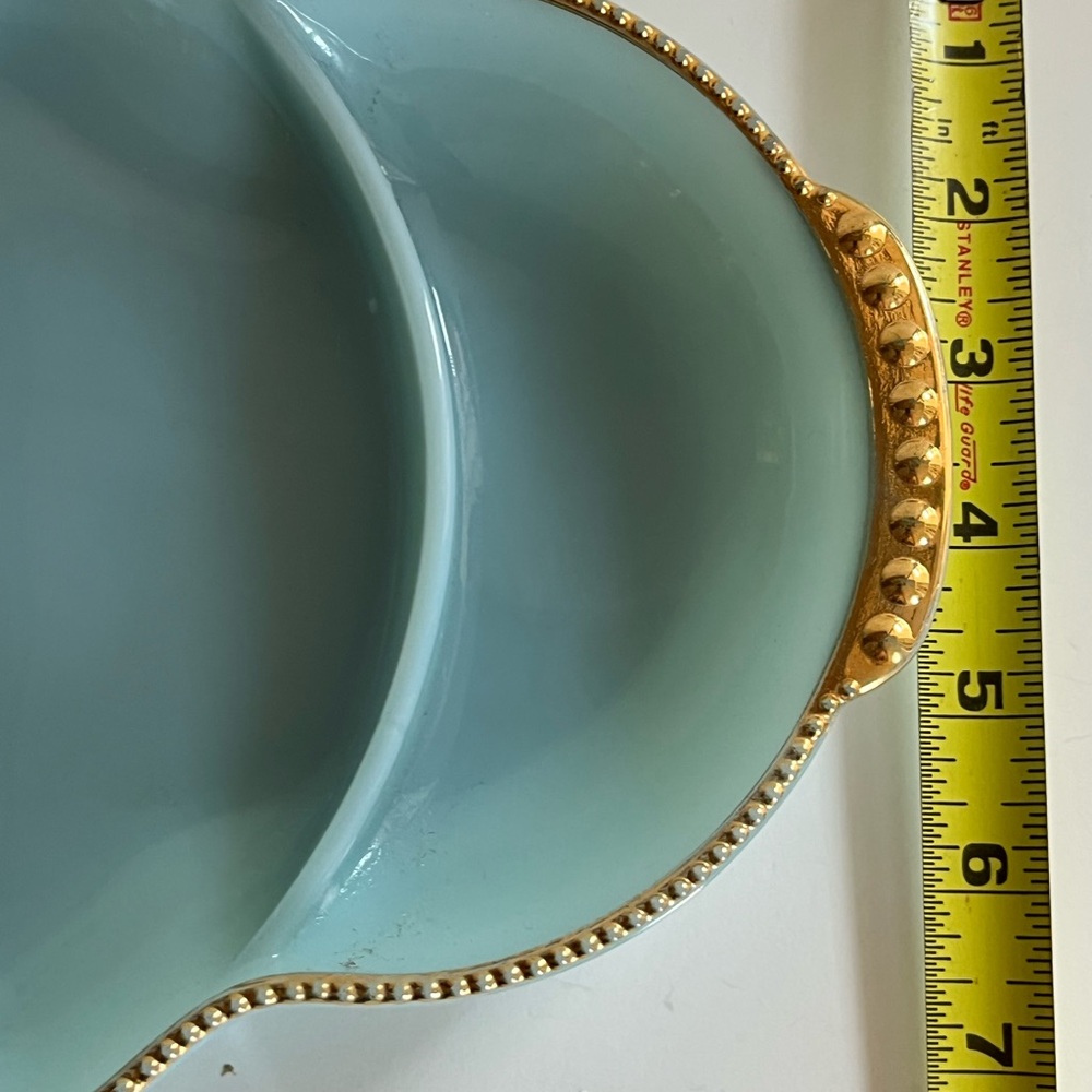 Vintage Fire-King Turquoise Blue 3 Part Dish with Gold Gilt Anchor Hocking. - Picture 6 of 7
